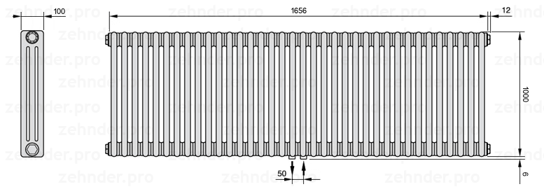 Схема (чертеж) Радиатор Zehnder Charleston 3100/36 №5410 Белый глянцевый RAL 9016